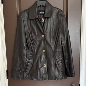 Jones New York Dark Brown Leather Coat Jacket Brass Buttons Women’s Medium